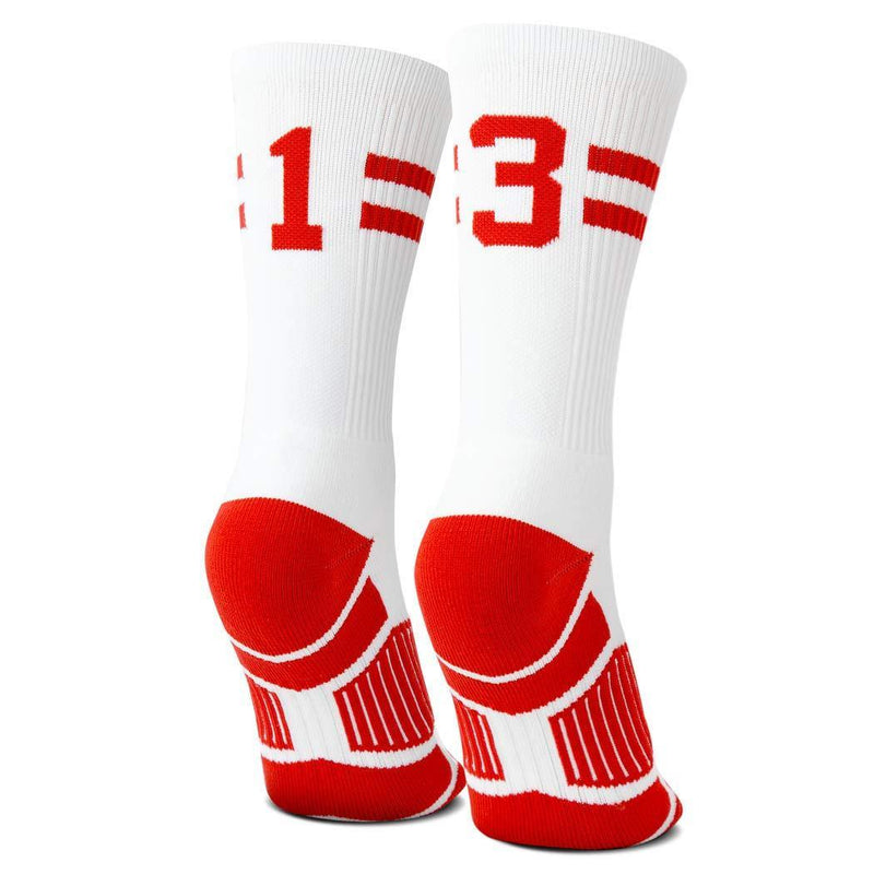 Classic Stripe Team Number Socks | Woven Mid-Calf | White & Red