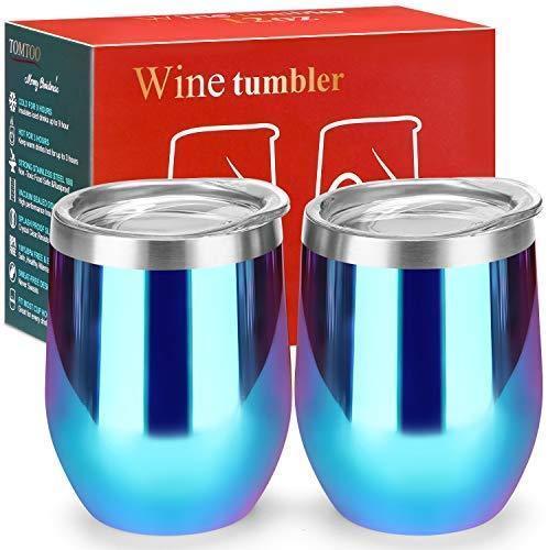 12 oz Double-Insulated Stemless Glass, Stainless Steel Tumbler Cup with Lids for Wine, Coffee, Drinks, Champagne, Cocktails, 2 Sets (Black)