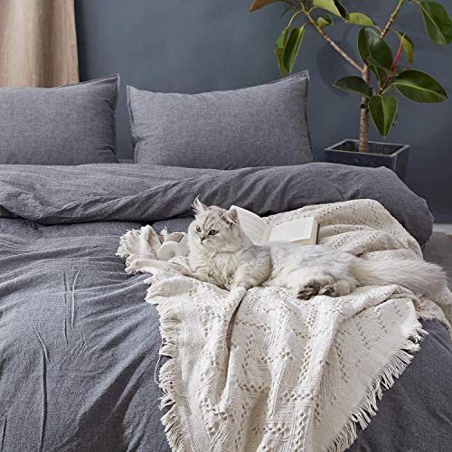 100% Washed Cotton Duvet Cover 3 Piece, Comforter Cover Queen Full Size, Solid Color and Ultra Soft with Zipper Closure, Corner Ties, Simple Bedding Style, Gray by SORMAG