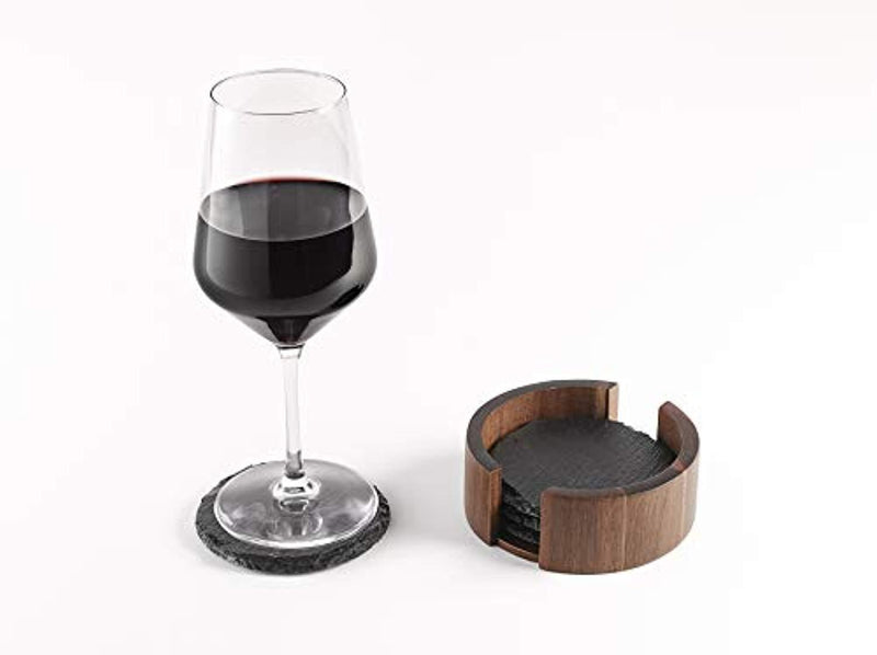 Slate Stone Rustic Beverage Drink Table Coasters Set with Acacia Wood Holder - Round, 4 Coasters
