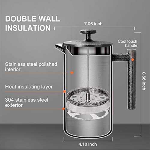 Secura French Press Coffee Maker, 304 Grade Stainless Steel Insulated Coffee Press with 2 Extra Screens, 34oz (1 Litre), Silver