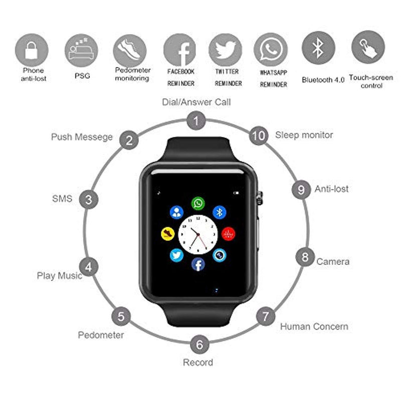 Bluetooth Smart Watch - Wzpiss Smartwatch Touch Screen Wrist Watch with Camera/SIM Card Slot Compatible with iOS iPhones Android Samsung for Kids Women and Men (Black)