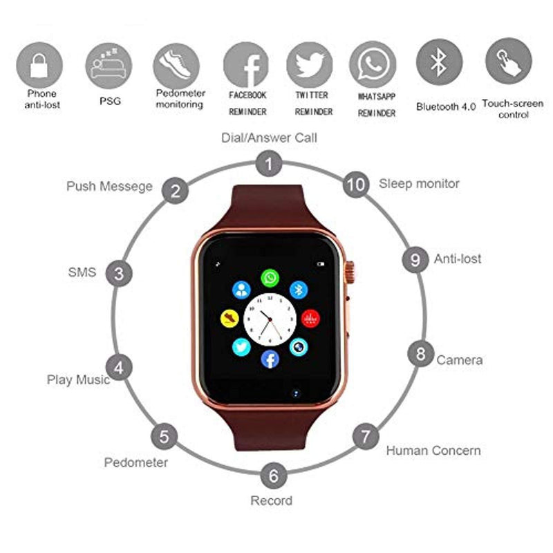 Bluetooth Smart Watch - Aeifond Touch Screen Sport Smart Wrist Watch Smartwatch Phone Fitness Tracker with Camera Pedometer SIM TF Card Slot for iPhone iOS Samsung Android for Men Women Kids (Gold)