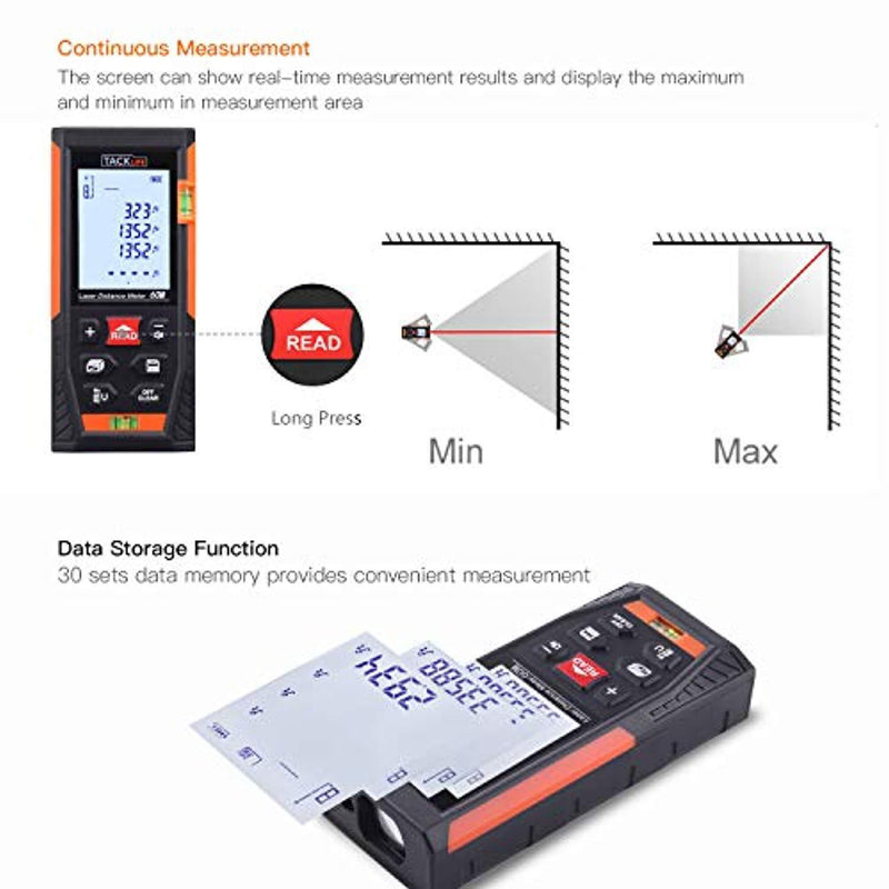 Tacklife HD60 Classic Laser Measure 196Ft M/In/Ft Mute Laser Distance Meter with 2 Bubble Levels, Backlit LCD and Pythagorean Mode, Measure Distance, Area and Volume - Carry Pouch and Battery Included