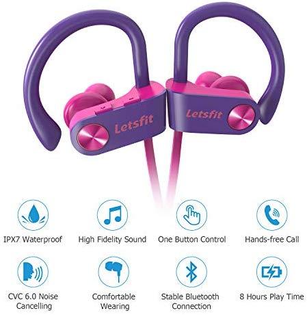 Bluetooth Headphones, Letsfit Wireless Headphones, IPX7 Waterproof Sports Earphones Gym Running, HD Stereo Headset w/Mic, 8 Hours Battery Noise Cancelling Bluetooth Earbuds