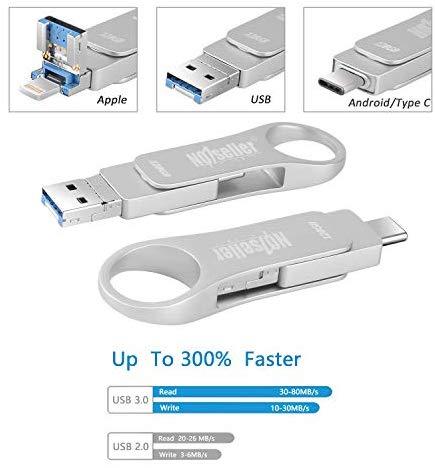 NO1seller Top Flash Drive for iPhone 128GB,USB Tpye C 3.0 Flash Drive Memory Stick for iPhone iPad PC Android External Storage,3 in 1 Photo Stick Space Gray