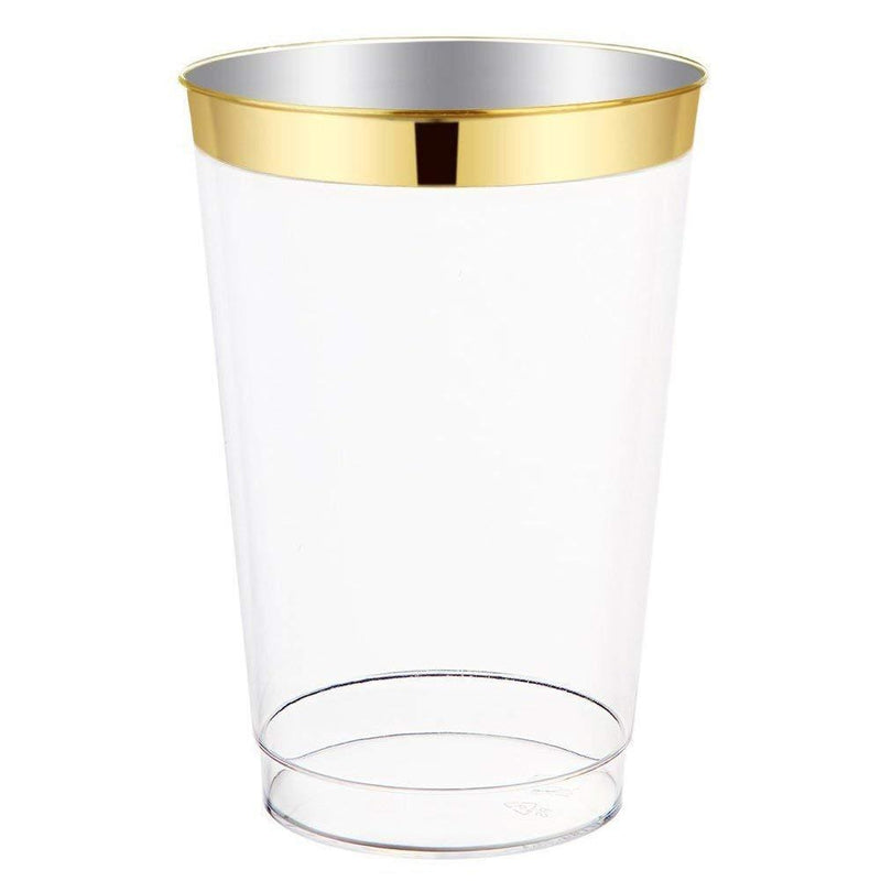 12 oz Gold Rimmed Plastic Cups-100 pack | Clear Disposable Cups with Golden Rims | Drinking Party Supplies | Glassware for Wedding Reception, Baby Shower, and Parties