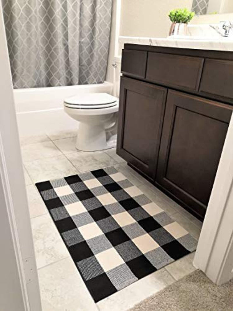 Cotton Buffalo Plaid Rugs Black and White Checkered Rug Welcome Door Mat (23.6"x35.4") Rug for Kitchen Carpet Bathroom Outdoor Porch Laundry Living Room Braided Throw Mat Washable Woven Buffalo Check