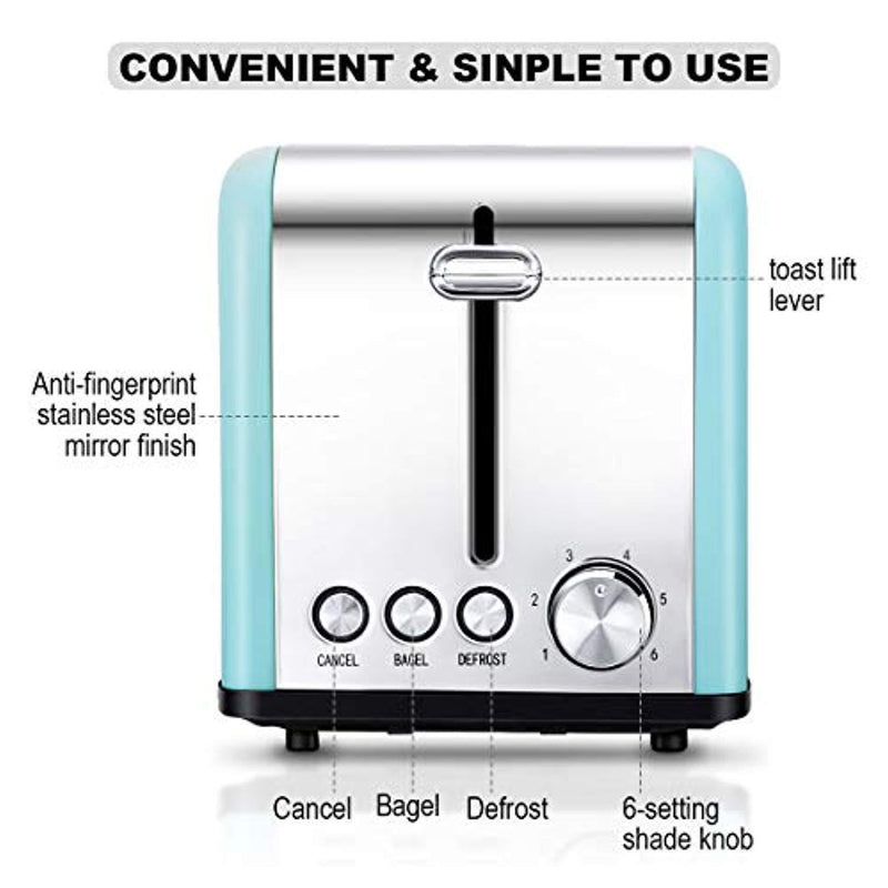 Toaster 2 Slice, CUSINAID Extra Wide Slots Toaster with BAGEL/DEFROST/CANCEL Function, Stainless Steel Two Slice Bread Bagel Toaster, 825W, Retro Blue