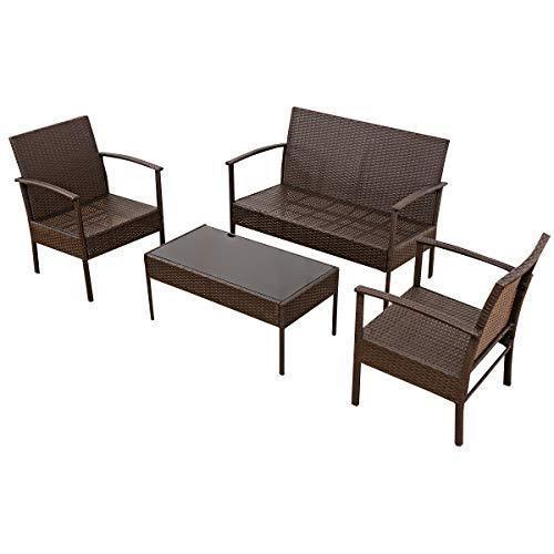 Tangkula 4 Piece Outdoor Furniture Set Patio Garden Pool Lawn Rattan Wicker Loveseat Sofa Cushioned Seat & Glass Top Coffee Table Modern Wicker Rattan Conversation Set (Brown)