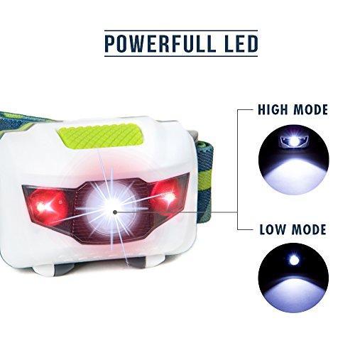 LED Headlamp Flashlight - Great for Camping, Hiking, Dog Walking, Kids, One of The Lightest (2.6 oz) White Cree Headlight, Water & Shock Resistant + Red Strobe, 3 AAA Batteries Included