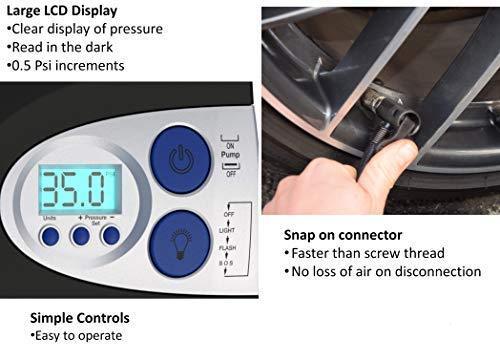 P.I. Auto Store Premium Air Compressor Tire Inflator for Automobiles and Bikes. Portable 12V DC Electric Car Tire Pump, Auto Shut Off, Digital Pressure Gauge, LED Light. New Improved Version