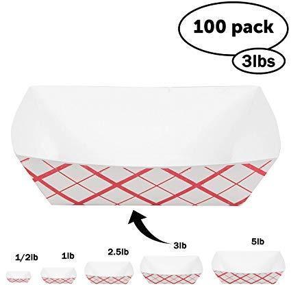 Disposable Paper Food Tray 3Lb Heavy Duty, Grease Resistant 100 Pack. Durable, Coated Paper Food Basket for Fairs, Concession Stands & Food Trucks. Holds Treats Like Hot Dogs, Fries, Nachos and Tacos!