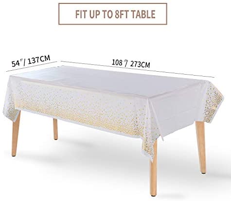Duocute White Disposable Party Tablecloth for Rectangle Table, Gold Stamping Dot Confetti Rectangular Plastic Table Cover, for Bridal Shower, Engagement, Wedding, 54" x 108", Pack of 4