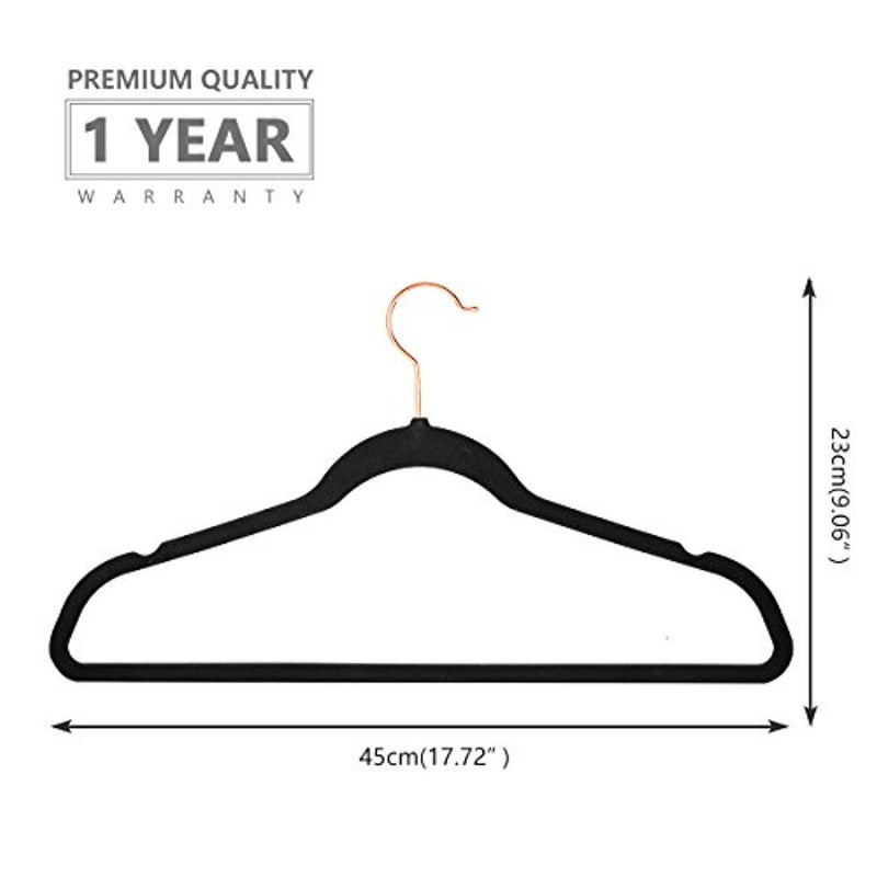 MIZGI Premium Velvet Hangers (Pack of 50) Heavyduty - Non Slip - Velvet Suit Hangers Black - Copper/Rose Gold Hooks,Space Saving Clothes Hangers