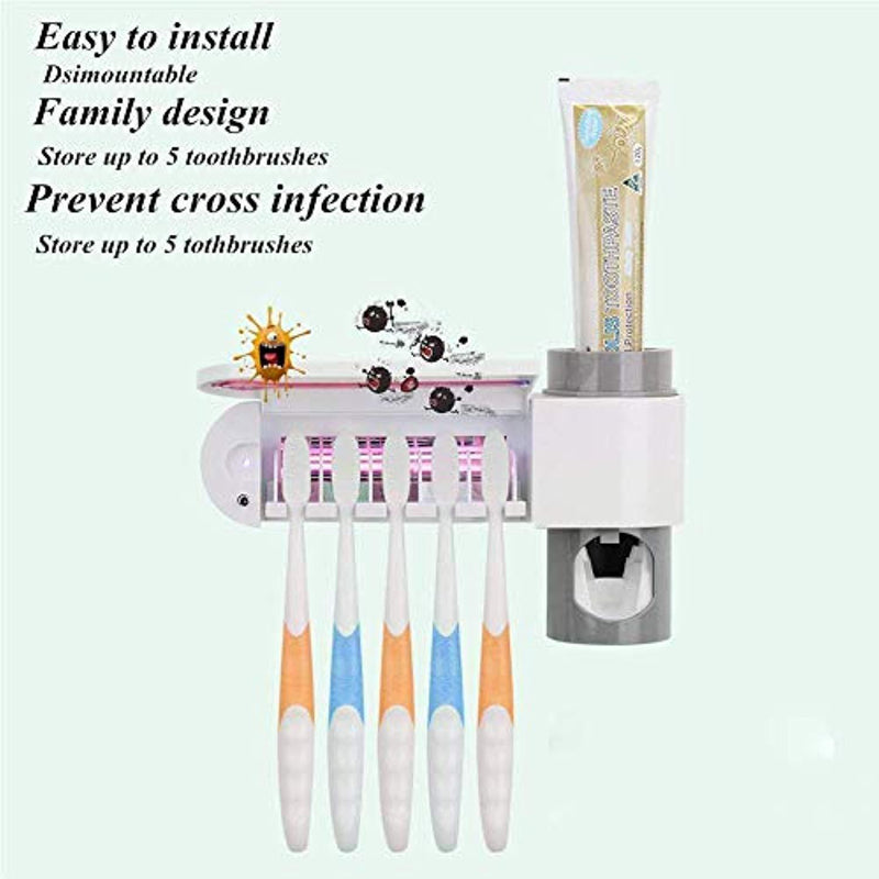 Prodara UV Toothbrush Holder, Toothpaste Dispenser Wall Mounted Toothbrush Sanitizer & Automatic Toothpaste Holder with 5 Toothbrush Sterilizer Holder for Kids and Adults(White)