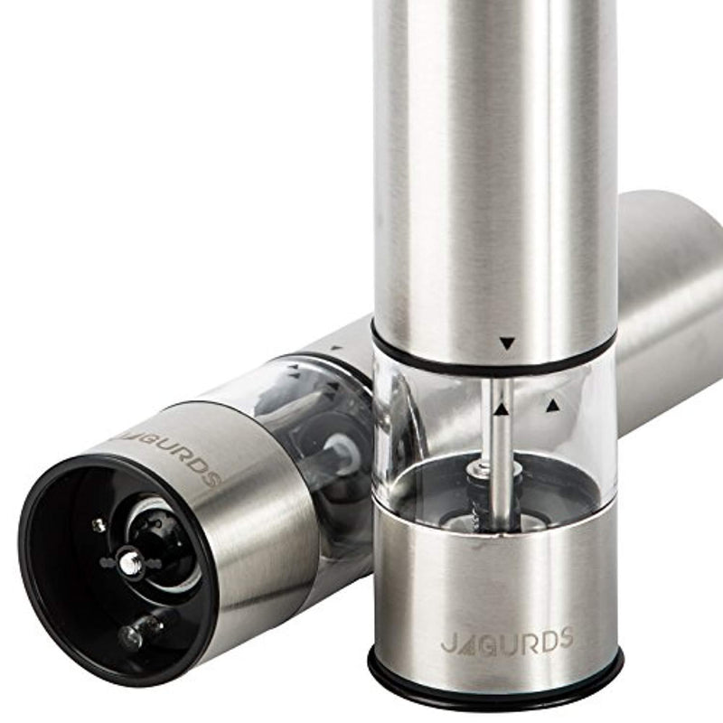 Jagurds Electric Salt and Pepper Mill Set - Premium Stainless Steel One-Handed Spice Grinders with Light, Automatic Battery Operated with Adjustable Coarseness for That Perfect Savory Seasonings