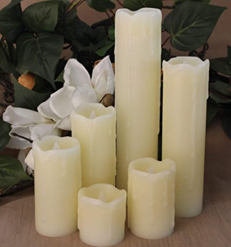 LED Lytes Timer LED Candles - Slim Set of 6, 2" Wide and 2"- 9" Tall, Ivory dripping Wax and Flickering Amber Yellow Flame Battery Operated Electric Candle