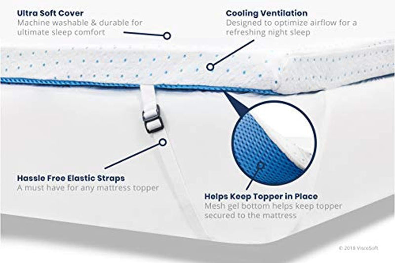 ViscoSoft 3 Inch 3.5 lbs. Density Gel Memory Foam Mattress Topper (King) – Includes Ultra Soft Removable Cover with Adjustable Straps