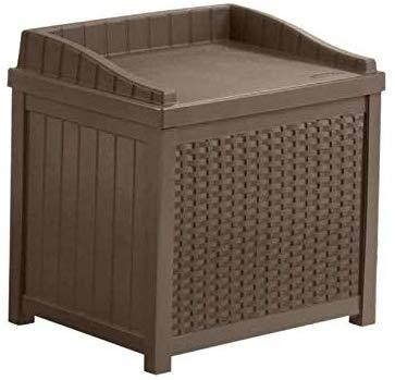 Suncast 22 Gallon Resin Storage Seat - Contemporary Indoor and Outdoor Bin Stores Tools, Toys, and Accessories - Mocha Wicker