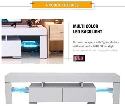 KingSo TV Stand with LED Lights, Modern TV Stand with Open Storage Shelf & Drawers, High Gloss TV Stand Living Room Furniture White