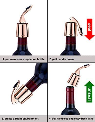 OHMAXHO Wine bottle Stopper with Stainless Steel, Wine Preserver, Decorative Wine Saver Vacuum Plug with Silicone, Expanding Beverage Bottle Stopper, Reusable Wine Cork Keeps Wine Fresh (Rose Gold)