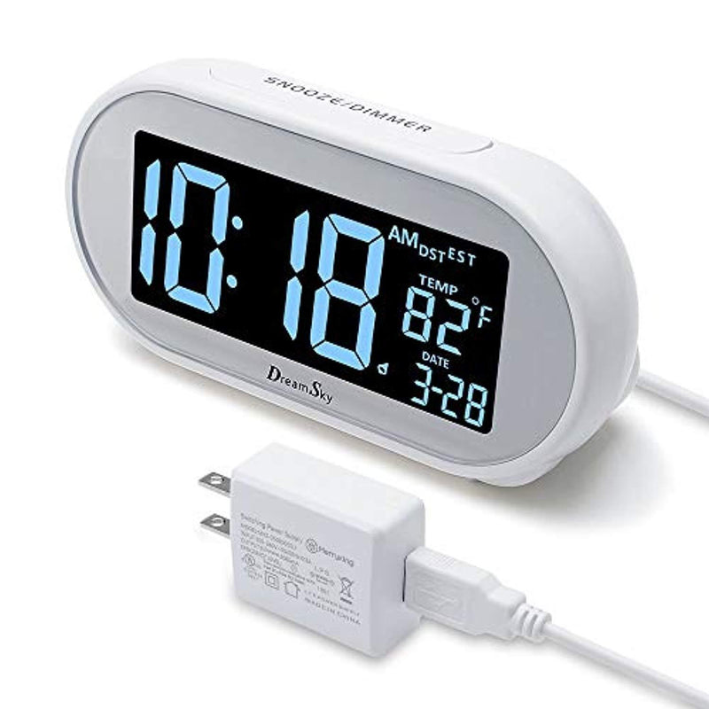 DreamSky Auto Time Set Alarm Clock with Snooze and Dimmer, Charging Station/Phone Charger with Dual USB Port .Auto DST Setting, 4 Time Zone Optional, Battery Backup. (White)