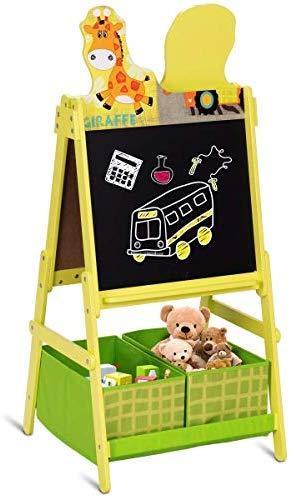 Evergreen Art Supply Kids Art Easel, 3 in 1 Double Durable Sided Art Easel with Chalk Board & Paper Roll, Two Storey Storage Space with Two Storage Bins