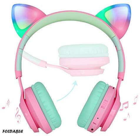 Bluetooth Headphones, Riwbox CT-7 Cat Ear LED Light Up Wireless Foldable Headphones Over Ear with Microphone and Volume Control for iPhone/iPad/Smartphones/Laptop/PC/TV (White&Pink)