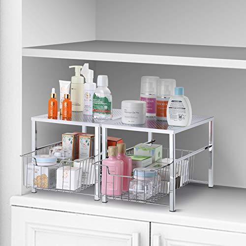 Simple Trending Under Sink Cabinet Organizer with Sliding Storage Drawer, Desktop Organizer for Kitchen Bathroom Office, Stackable, Chrome