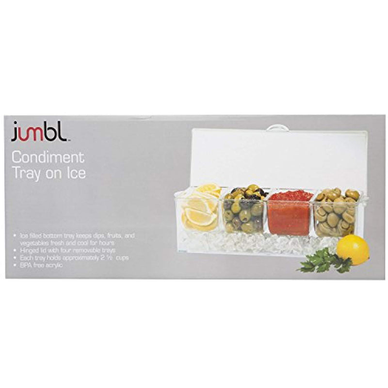 Jumbl Condiments Caddy Chilled Server Tray On Ice. 4 Big Sections Organize & Dispense Condiments With Ice Compartment Underneath. Container Made Of Shatterproof Acrylic Plastic.