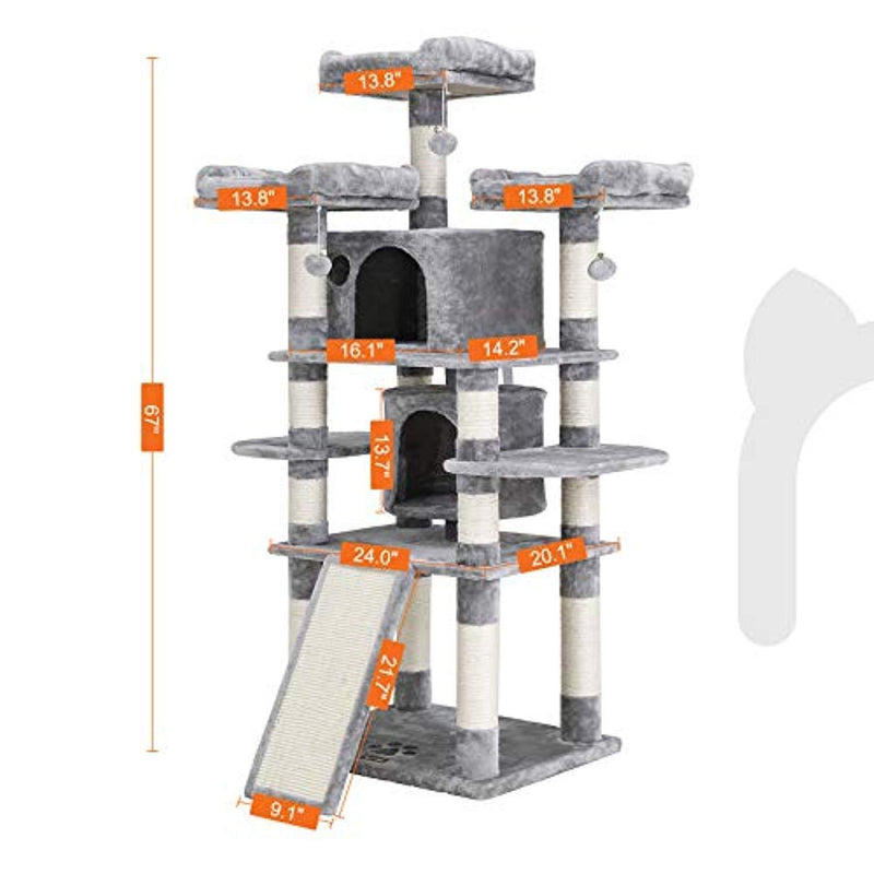 FEANDREA 67" Multi-Level Cat Tree with Sisal-Covered Scratcher Slope, Scratching Posts, Plush Perches and Condo, Activity Centre Cat Tower Furniture - for Kittens, Cats and Pets