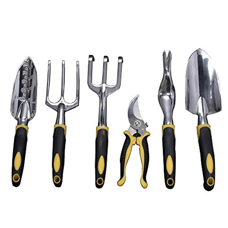 Garden Tools Set, Contains 6 pieces - Transplanter, Including Trowel, Cultivator, Weeding Fork, Weeder and Secateur. Heavy Duty Cast-aluminum Heads Ergonomic Handles Gardening Tool.FREE Garden Gloves.