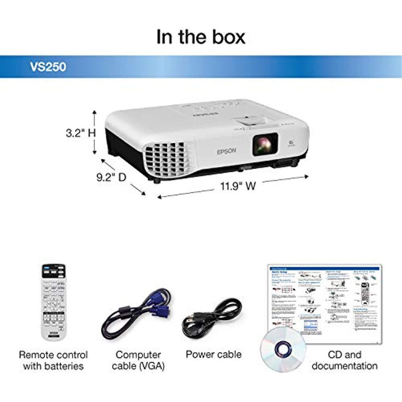Epson VS250 SVGA 3,200 lumens color brightness (color light output) 3,200 lumens white brightness (white light output) HDMI 3LCD projector