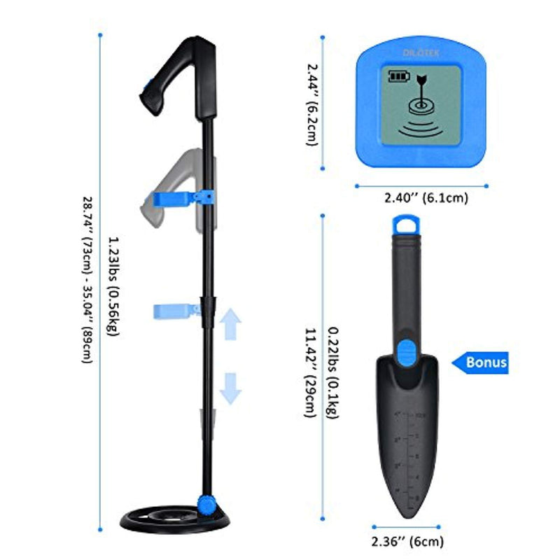 DR.ÖTEK Easy to Operate LCD Metal Detector for Kids and Beginners, Lightweight, Waterproof Coil, Detects Gold, Sliver, Coins, Artifacts, for Junior-Includes Shovel and Battery-Blue/Black