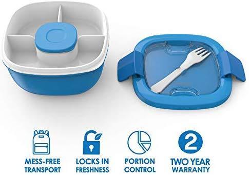 Bentgo Salad BPA-Free Lunch Container with Large 54-oz Salad Bowl, 3-Compartment Bento-Style Tray for Salad Toppings and Snacks, 3-oz Sauce Container for Dressings, and Built-In Reusable Fork (Blue)