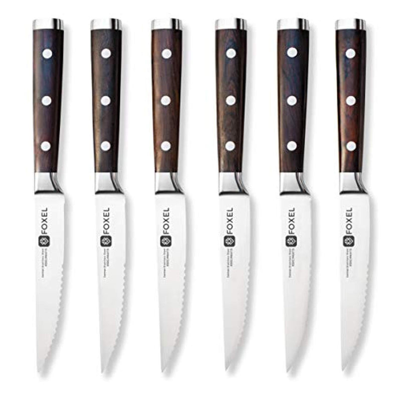 Steak Knives Knife Set of 6 or 12 - Natural Ebony Wood Full Tang Handle - Serrated Blade - German Stainless Steel - Gift Box Set - Not Dishwasher Safe