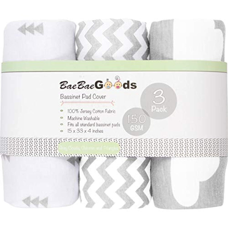 Bassinet Sheet Set | Cradle Fitted Sheets for Bassinet Mattress/Pads | Super Soft Jersey Knit Cotton | 3 Pack | 150 GSM |"Above The Clouds" Collection by BaeBae Goods