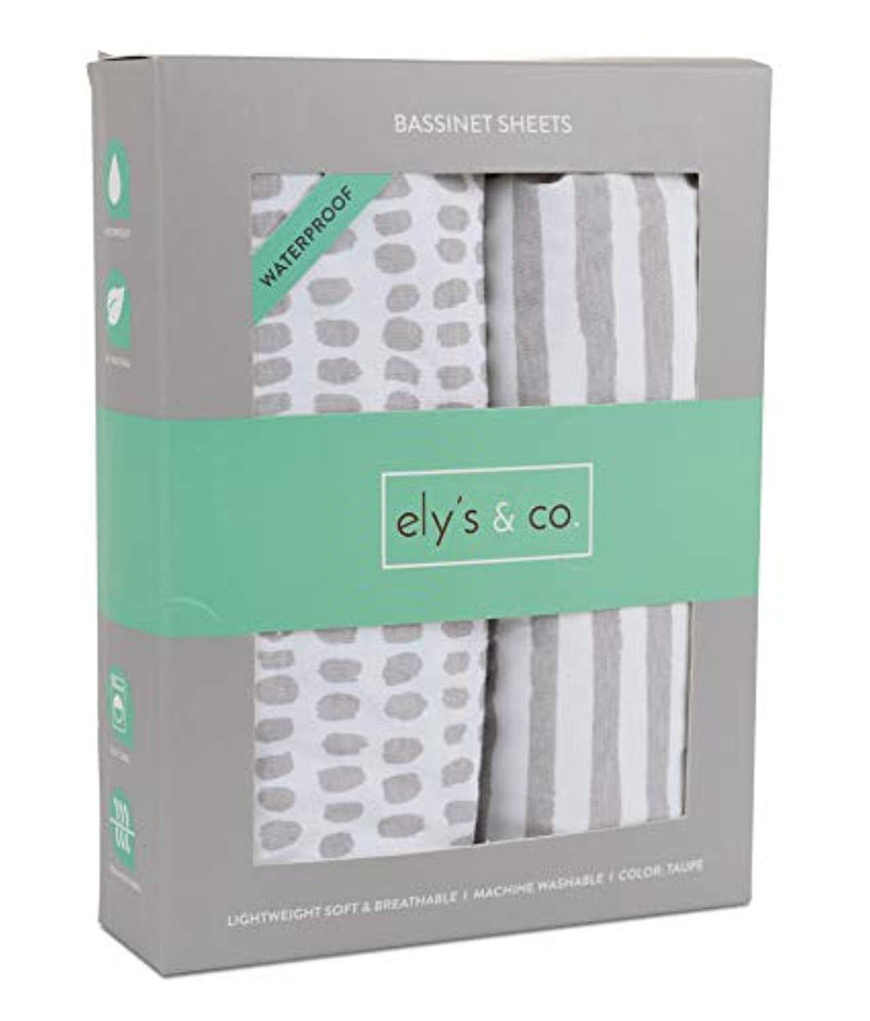 Waterproof Crib Sheet | Toddler Sheet no Need for Crib Mattress Pad Cover or Protector I Taupe Splash and Stripes by Ely's & Co. (Bassinet)
