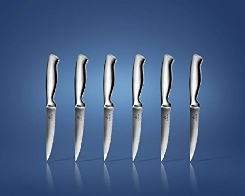 Ashlar Steak Knives Set of 6 Serrated Stainless Steel Dishwasher Safe Ideal Family Dinner Kitchen Set Premium Full Edge Serration Rust Resistant