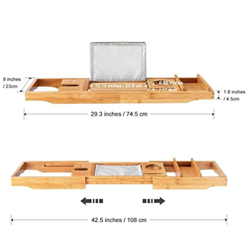 LANGRIA Bamboo Bathtub Caddy Tray with Extending Sides Mug/Wineglass/Smartphone Holder, Metal Frame Book/Pad/Tablet Holder with Waterproof Cloth Detachable Sliding Tray Non-Slip Rubber Base