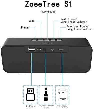 ZoeeTree S1 Wireless Bluetooth Speaker, Outdoor Portable Stereo Speaker with HD Audio and Enhanced Bass, Built-in Dual Driver Speakerphone, Bluetooth 4.2, Handsfree Calling, TF Card Slot - Black Black Black