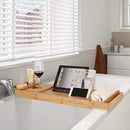 HOMFA Bamboo Bathtub Tray Bath Table Adjustable Caddy Tray with Extending Sides, Cellphone Tray and Wineglass Holder