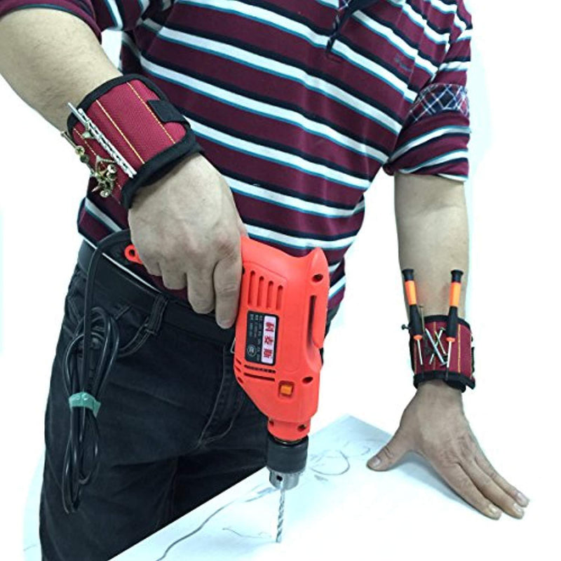 Magnetic Wristband with Strong Magnets for Holding Screws, Nails, Scissors, and Small Tools（Red)