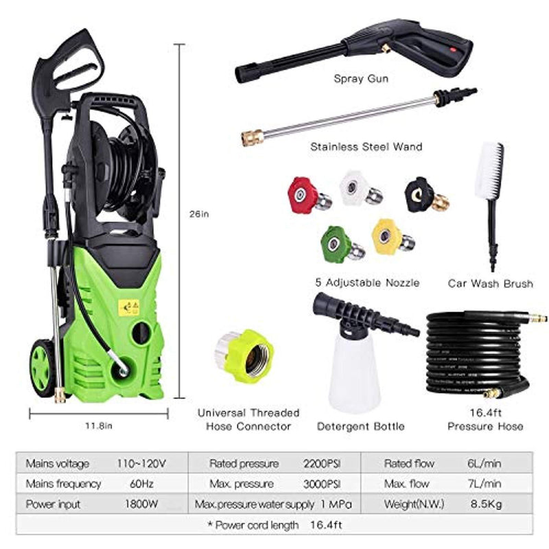 ncient NIS4600 High Pressure Power Washer 3000 PSI Electric Pressure Washer,1800W Rolling Wheels High Pressure Professional Washer Cleaner Machine+ (5) Nozzle Adapter (3000 PSI - New Model)