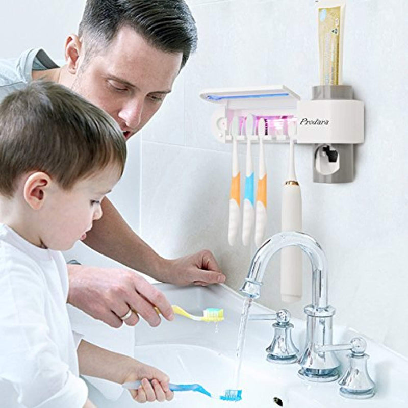 Prodara UV Toothbrush Holder, Toothpaste Dispenser Wall Mounted Toothbrush Sanitizer & Automatic Toothpaste Holder with 5 Toothbrush Sterilizer Holder for Kids and Adults(White)