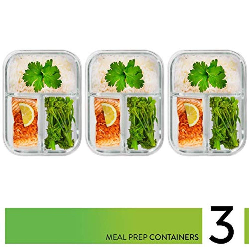 Glass Meal Prep Containers 3 Compartment - Bento Box Containers Glass Food Storage Containers with Lids - Food Containers Food Prep Containers Glass Storage Containers with lids Lunch Containers 3pk