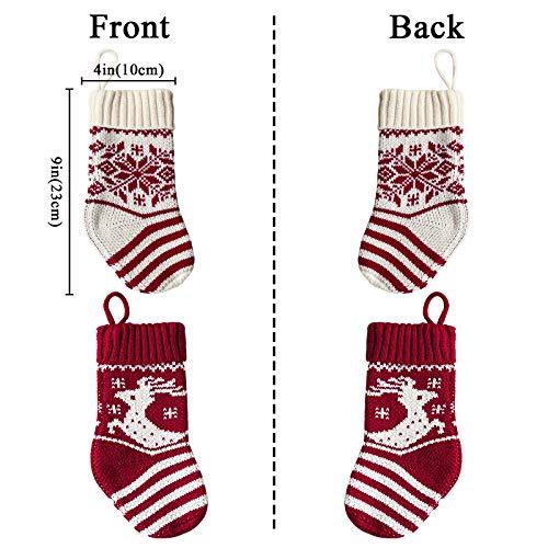 LimBridge Christmas Mini Stockings, 6 Pack 9 inches Knitted Knit Stripe Rustic Holiday Decorations, Goodie Bags for Family and Friends, Burgundy and Cream