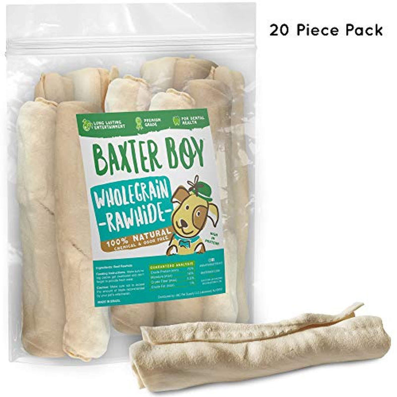 Baxter Boy Premium Rawhide Roll for Dogs Natural Chews Extra Thick Treat – Large 8”– 9” (20 Pack)