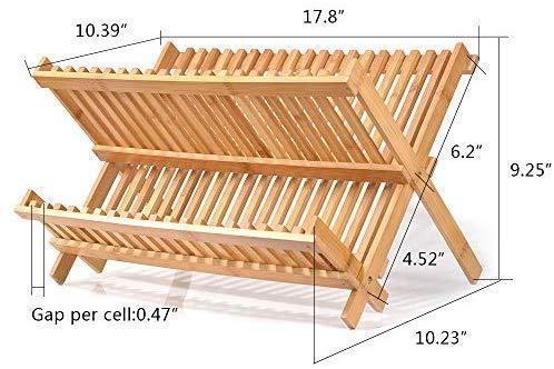 Bamboo Dish Drying Rack, SZUAH Collapsible Dish Drainer, Foldable Dish Rack Bamboo Plate Rack, By 100% Natural Bamboo (17.5" x 13" x 9.6")